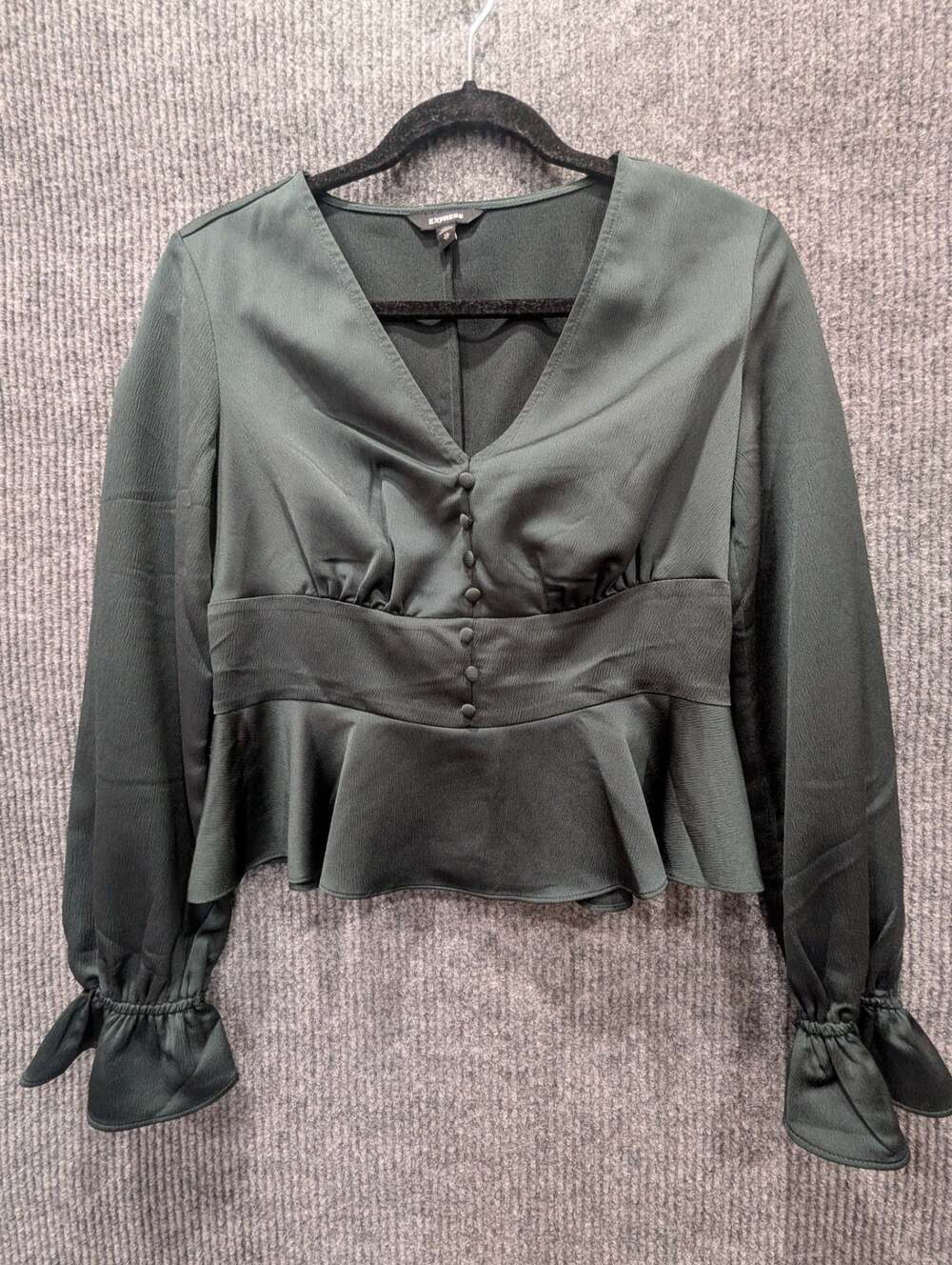 Express Women's Dark Emerald Green Button-Front Peplum Top Size XS